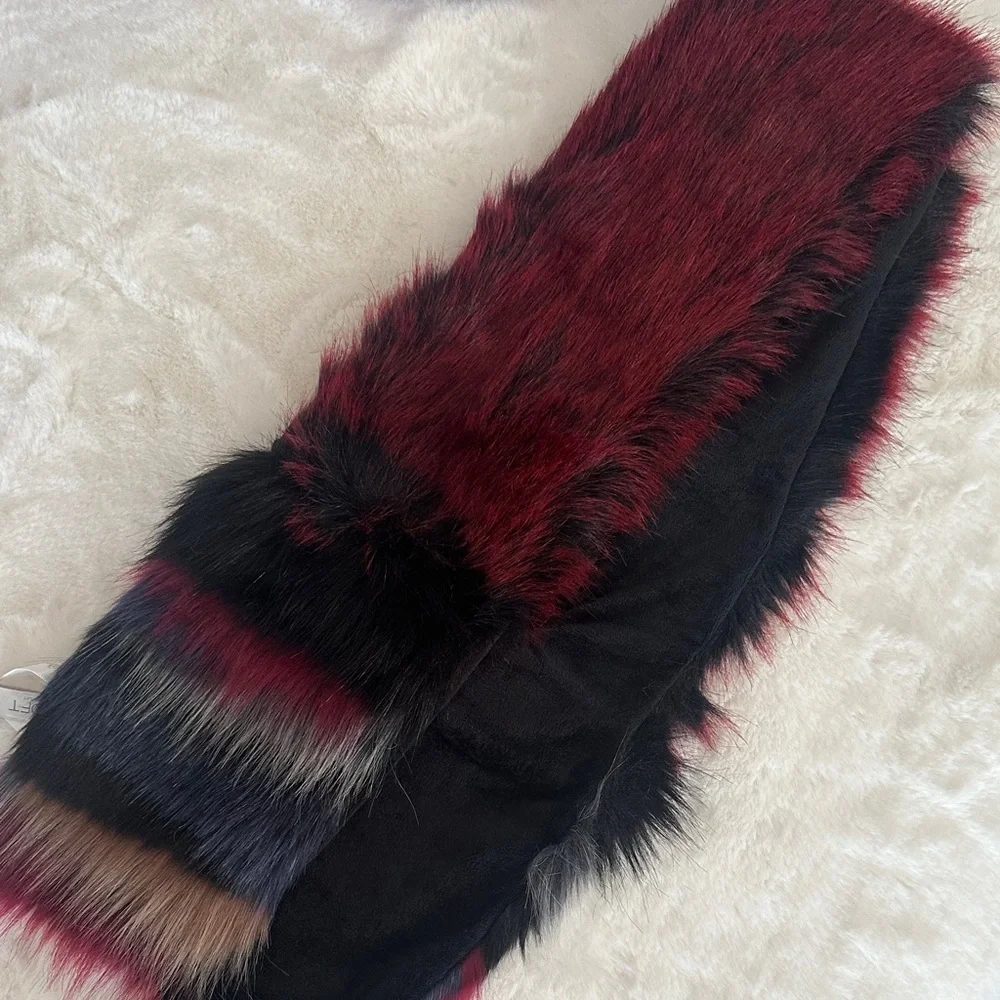 LOFT Burgundy, Blue & Black Faux Fur Scarf Size ~48L